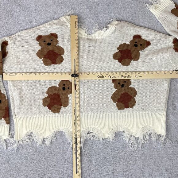 Just Polly NY Teddy Bear Sweater Women's Medium V-Neck Fray Frilly Knit - Picture 13 of 14